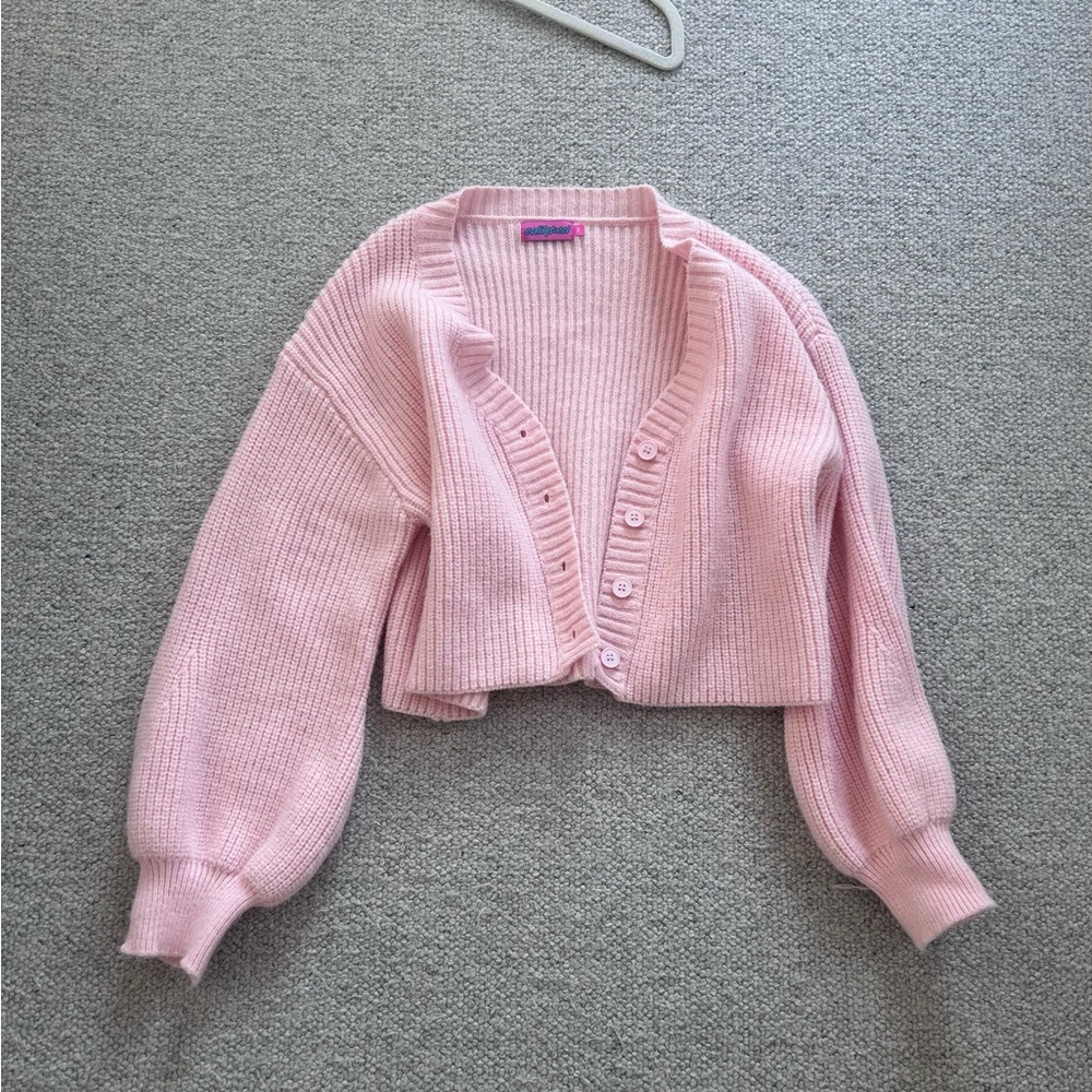 Edikted Pink Cropped Cardigan with Balloon Sleeves - Picture 1 of 2